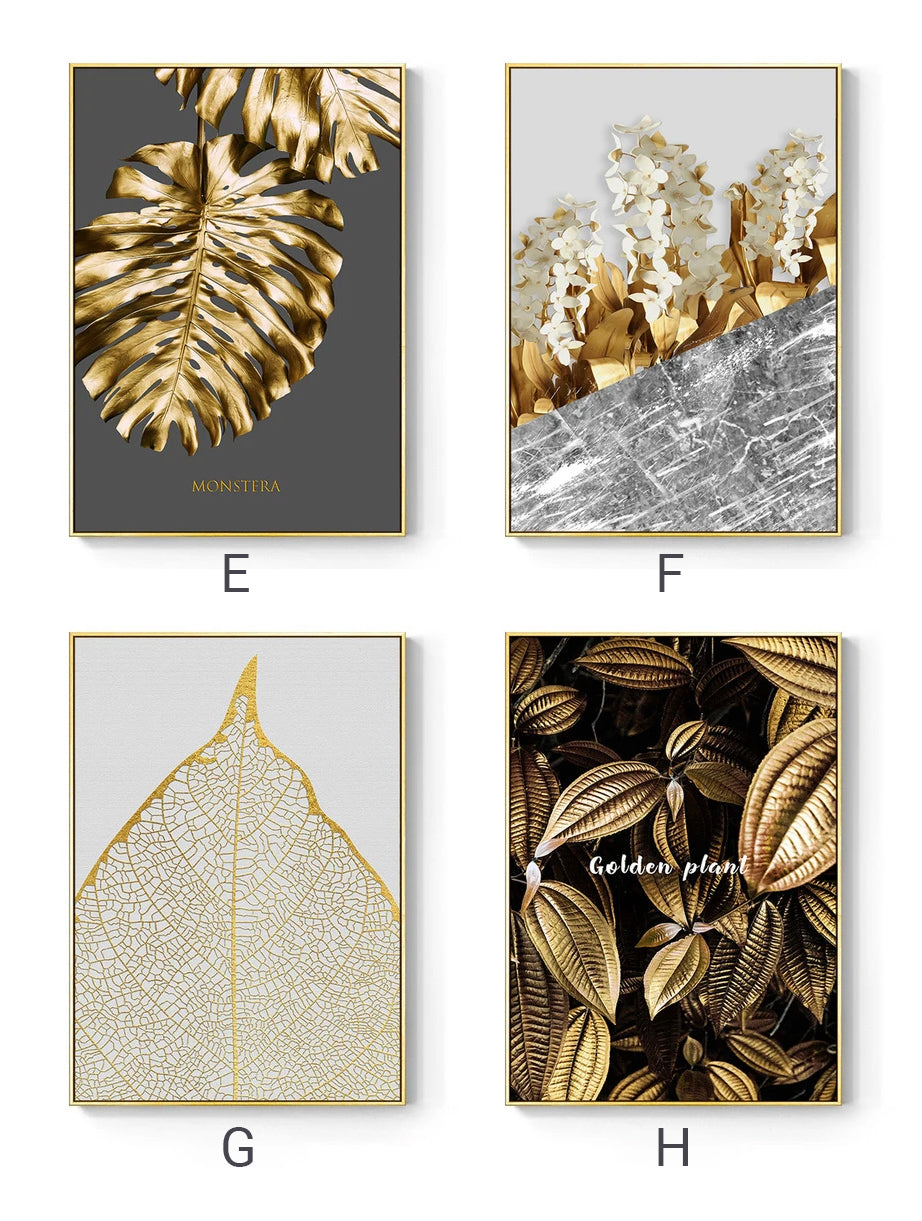 Abstract Tropical Gold Wall Art Nordic Style Golden Botanic Floral Fine Art Canvas Prints For Living Room Dining Room Modern Home Office Wall Art Decor