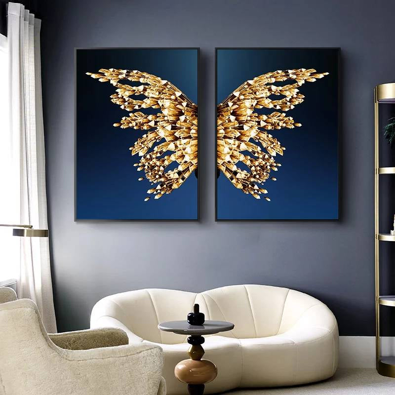 Golden Butterfly Wings Boutique Abstract Wall Art Fine Art Canvas Prints Modern Pictures For Luxury Living Room Bedroom Stylish Glamour Home Decor