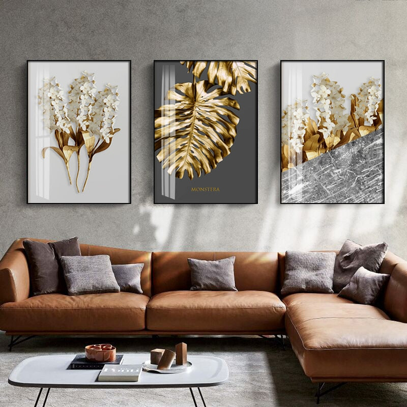 Abstract Tropical Gold Wall Art Nordic Style Golden Botanic Floral Fine Art Canvas Prints For Living Room Dining Room Modern Home Office Wall Art Decor