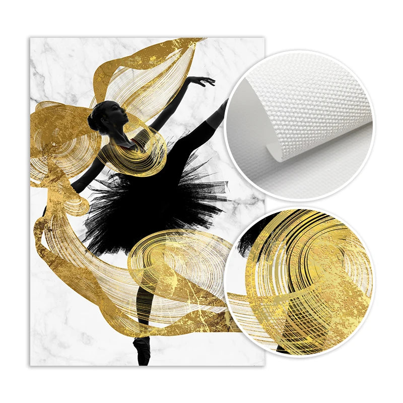 Golden Ribbon Dancer Wall Art Fine Art Canvas Prints Modern Abstract Fashion Pictures For Living Room Bedroom Salon Art Decor