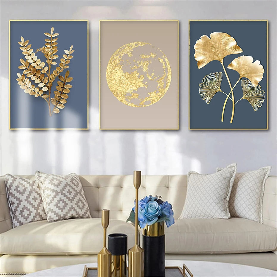 Blue Minimalist Golden Abstract Floral Wall Art Fine Art Canvas Prints Pictures For Luxury Living Room Dining Room Home Office Art Decor