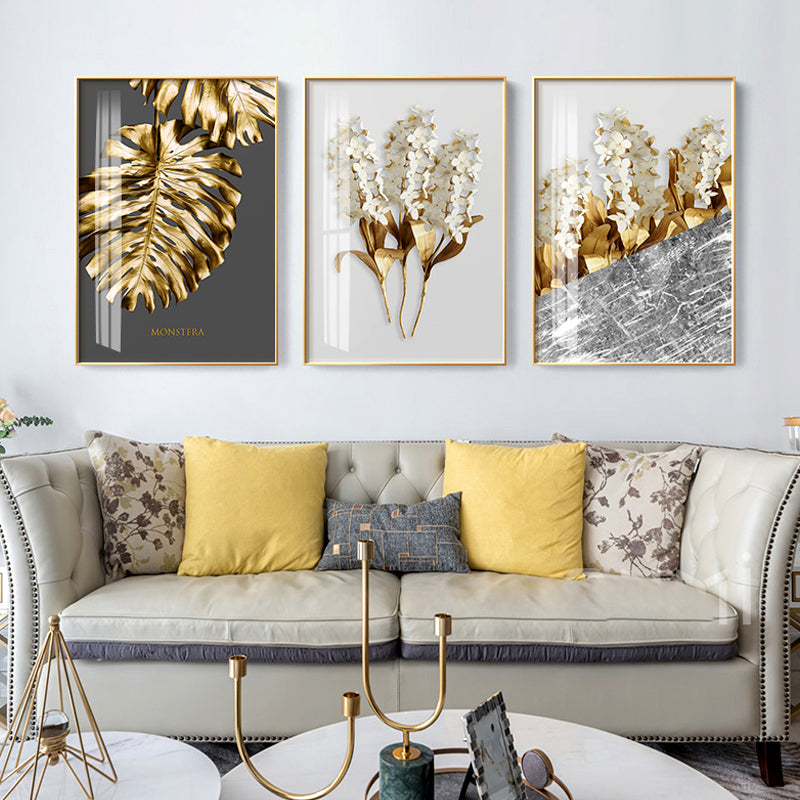 Abstract Tropical Gold Wall Art Nordic Style Golden Botanic Floral Fine Art Canvas Prints For Living Room Dining Room Modern Home Office Wall Art Decor