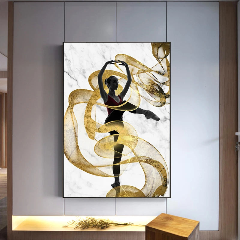 Golden Ribbon Dancer Wall Art Fine Art Canvas Prints Modern Abstract Fashion Pictures For Living Room Bedroom Salon Art Decor
