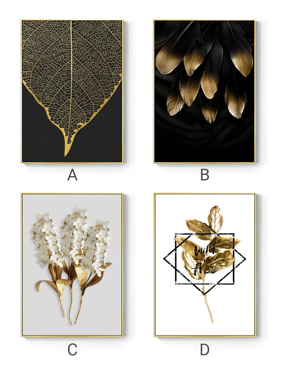 Abstract Tropical Gold Wall Art Nordic Style Golden Botanic Floral Fine Art Canvas Prints For Living Room Dining Room Modern Home Office Wall Art Decor