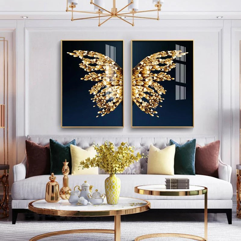 Golden Butterfly Wings Boutique Abstract Wall Art Fine Art Canvas Prints Modern Pictures For Luxury Living Room Bedroom Stylish Glamour Home Decor