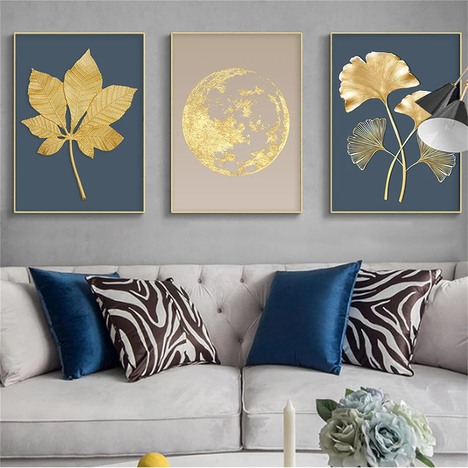 Blue Minimalist Golden Abstract Floral Wall Art Fine Art Canvas Prints Pictures For Luxury Living Room Dining Room Home Office Art Decor