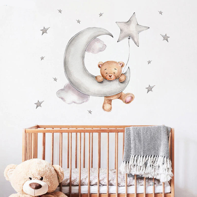 Cute Teddy Bear Moon Cloud And Stars Wall Decals For Kids Room Removable Wall Stickers For Baby Room Nordic Nursery Wall Creative DIY Art Decor