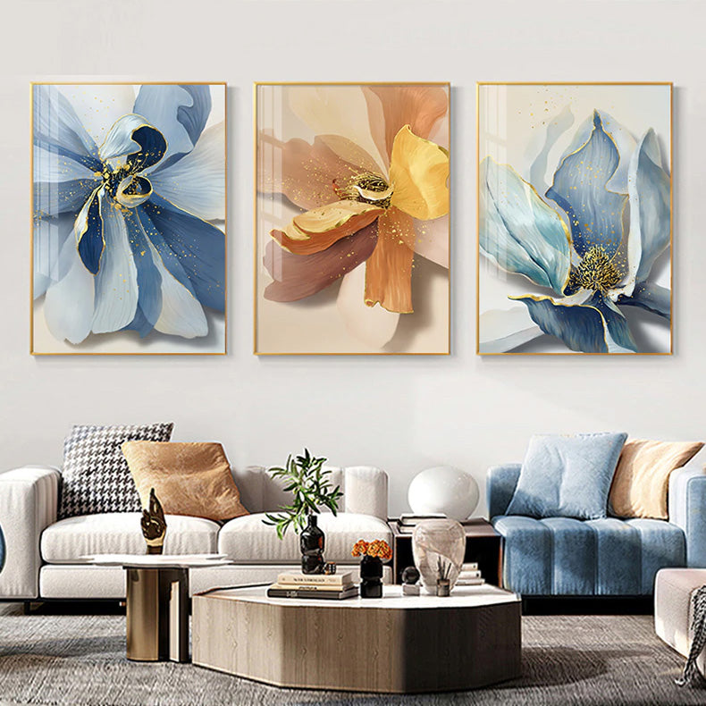Big Floral Modern Abstract Wall Art Fine Art Canvas Prints Blue Jade Orange Yellow Flowers Pictures For Luxury Living Room Nordic Botanical Art Decor