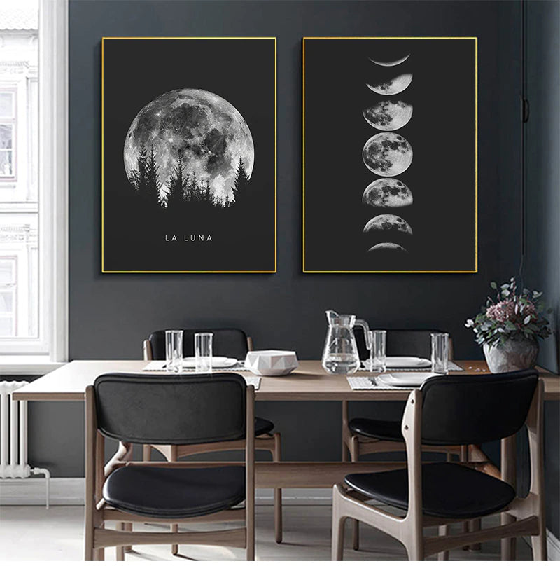 La Luna Black & White Moon Phases Wall Art Fine Art Canvas Prints Modern Posters For Bedroom Living Room Home Office Art Decoration