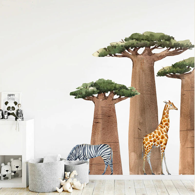 Big Baobab Tree Zebra Giraffe Wall Mural Removable Self Adhesive Vinyl Wall Decal For Children's Room Nursery Room Wall Creative DIY Kid's Room Decor