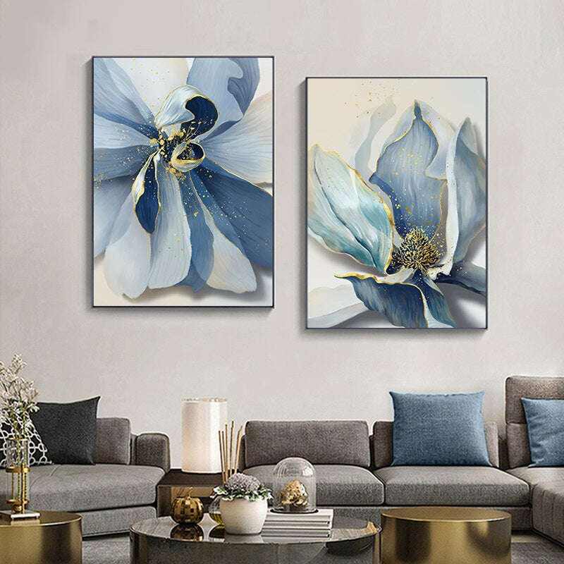 Big Floral Modern Abstract Wall Art Fine Art Canvas Prints Blue Jade Orange Yellow Flowers Pictures For Luxury Living Room Nordic Botanical Art Decor