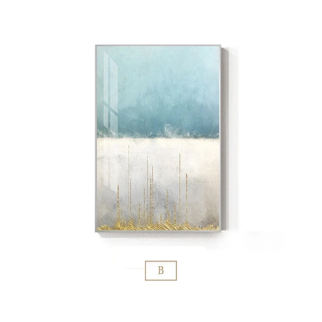Abstract Golden Horizons Contemporary Nordic Wall Art Fine Art Canvas Prints Modern Minimalist Blue White Pictures For Living Room Office Home Interior Decor