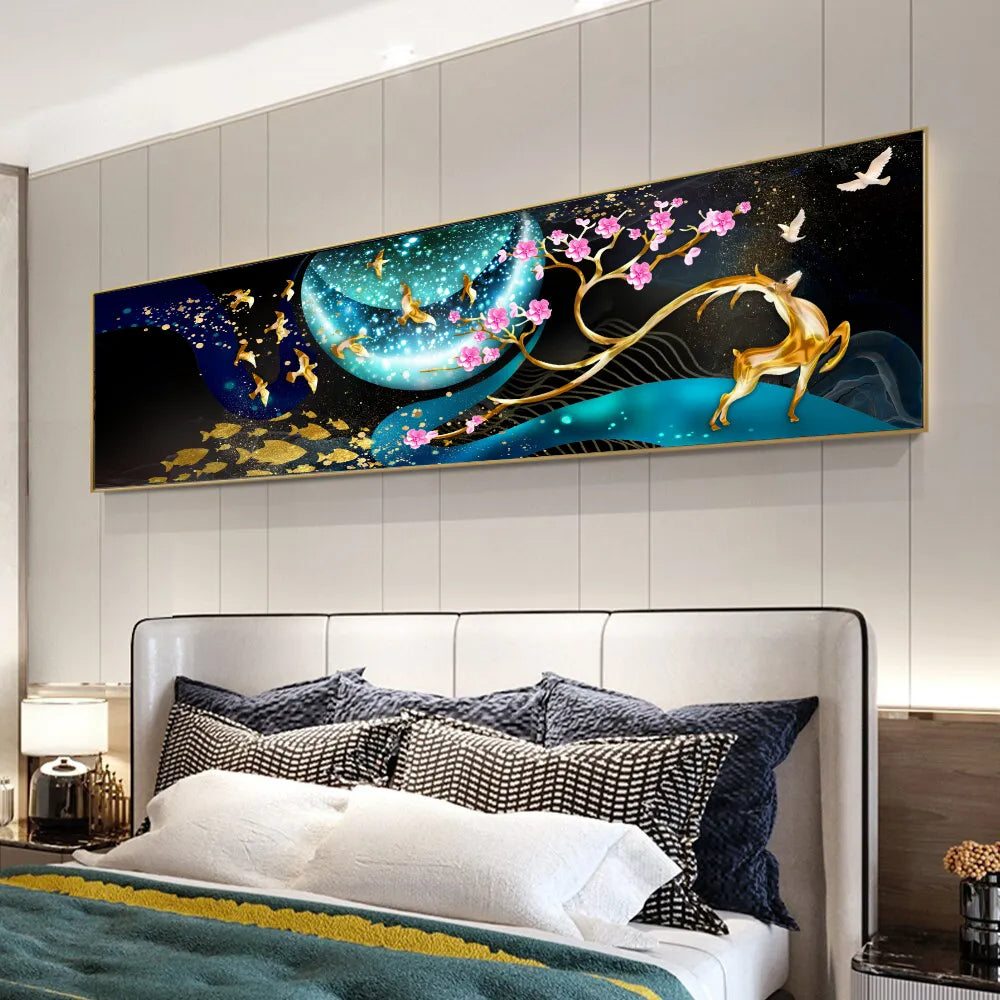 Modern Abstract Auspicious Golden Deer Geometric Landscape Wall Art Wide Format Canvas Print For Above The Sofa, Above The Bed