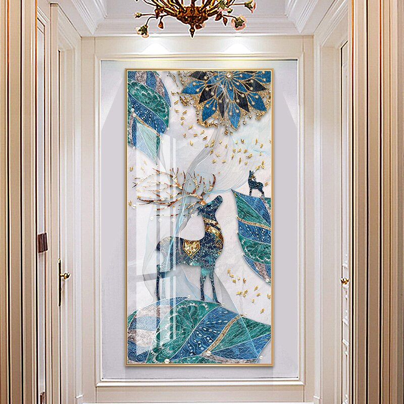 Abstract Auspicious Mystical Deer Landscape Wall Art Fine Art Canvas Prints Pictures For Luxury Living Room Dining Room Entrance Hallway Art Decoration