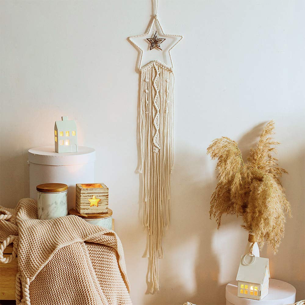 Fairy Light Dream Catcher Naturally Inspired Earthy Moon And Stars Cotton Macrame Hanging Decoration For Bedroom Living Room Essential Nordic Home Decor