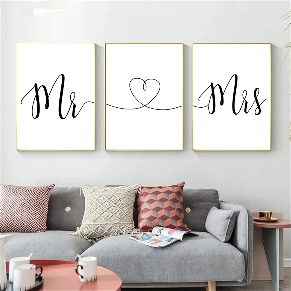 Mr & Mrs Love Heart Posters Black White Wall Art Fine Art Canvas Prints Minimalist Pictures For Bedroom Living Room Decor