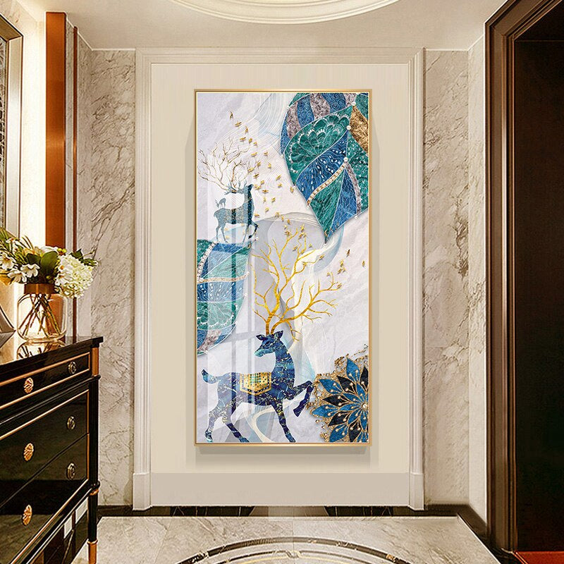 Abstract Auspicious Mystical Deer Landscape Wall Art Fine Art Canvas Prints Pictures For Luxury Living Room Dining Room Entrance Hallway Art Decoration