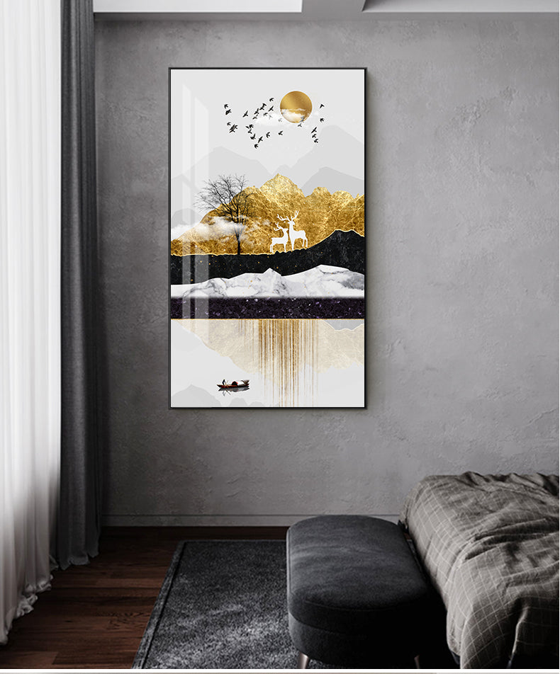 Golden Deer Mountain Landscape Abstract Nordic Wall Art Fine Art Canvas Prints Modern Pictures For Living Room Contemporary Office Home Interior Wall Art Decor