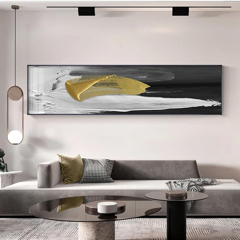 Wide Format Nordic Abstract Wall Art Thick Brush Gold Black Grey Fine Art Canvas Print Pictures For Above The Sofa Above The Bed
