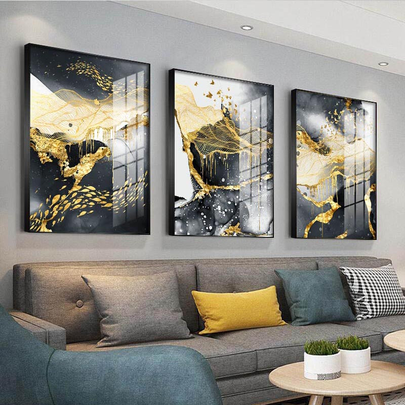 Featured Sale Modern Abstract Black Golden Liquid Organic Marble Wall Art Fine Art Canvas Prints For Home Office Art Decor (Set of 3)