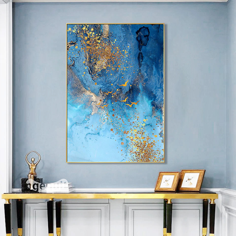 Golden Blue Sea Wall Art Fine Art Canvas Print Modern Abstract Marble Design Picture For Office Interior Living Room Luxury Art Decor