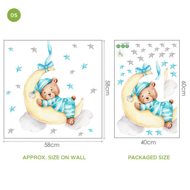 Cute Teddy Bear Moon Cloud And Stars Wall Decals For Kids Room Removable Wall Stickers For Baby Room Nordic Nursery Wall Creative DIY Art Decor