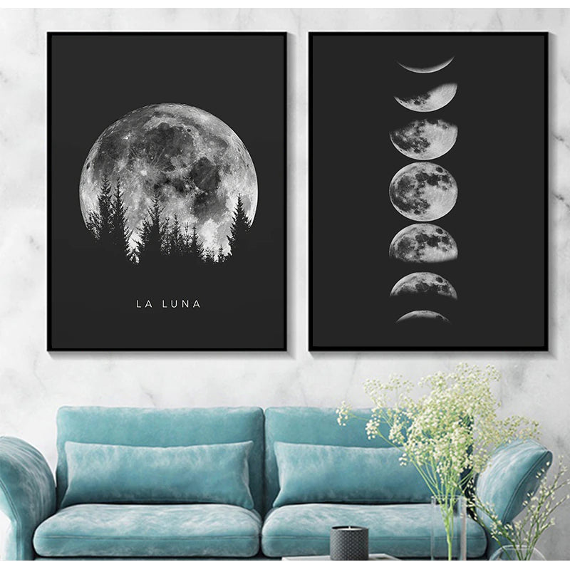 La Luna Black & White Moon Phases Wall Art Fine Art Canvas Prints Modern Posters For Bedroom Living Room Home Office Art Decoration