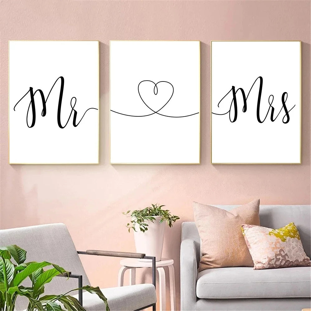 Mr & Mrs Love Heart Posters Black White Wall Art Fine Art Canvas Prints Minimalist Pictures For Bedroom Living Room Decor