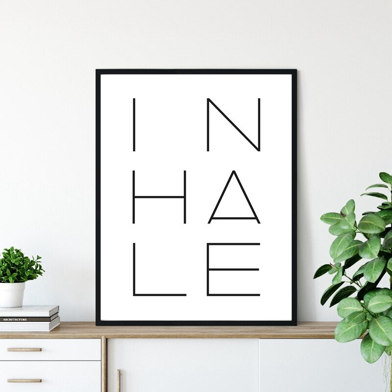 Inhale Exhale Poster Black & White Minimalist Meditation Breathe Wall Art Fine Art Canvas Prints Modern Typographic Wall Decor For Bedroom Yoga Studio Decor