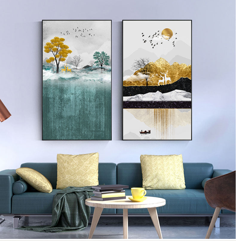 Golden Deer Mountain Landscape Abstract Nordic Wall Art Fine Art Canvas Prints Modern Pictures For Living Room Contemporary Office Home Interior Wall Art Decor
