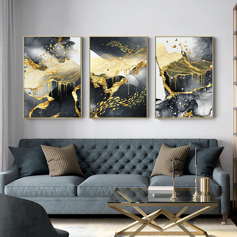 Featured Sale Modern Abstract Black Golden Liquid Organic Marble Wall Art Fine Art Canvas Prints For Home Office Art Decor (Set of 3)