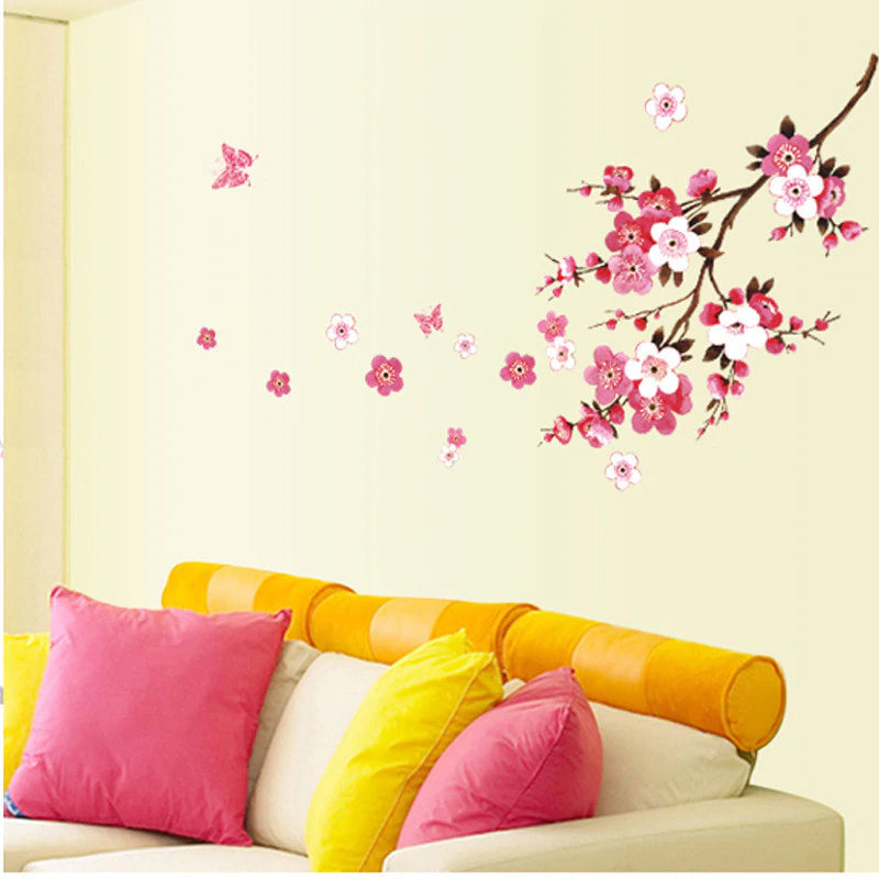 Pink Cherry Blossom Wall Mural Removable PVC Wall Decals Cherry Tree Branch Blossom Flowers Floral Wall Stickers For Bedroom Living Room Creative DIY Decor