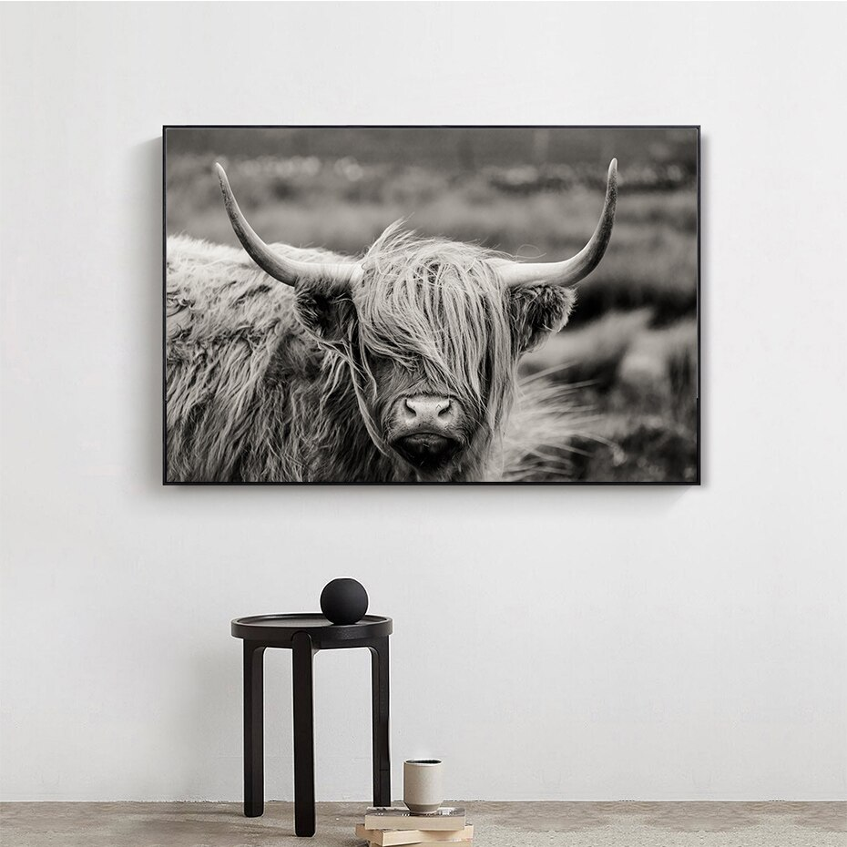 Scottish Highland Cattle Black And White Animal Wall Art Fine Art Canvas Giclee Print Modern Pictures For Office Interior Living Room Dining Room Home Decor
