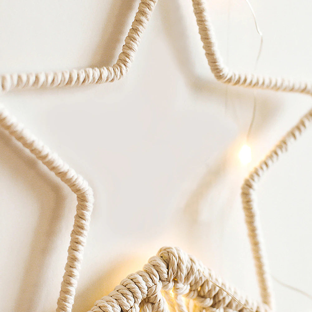 Fairy Light Dream Catcher Naturally Inspired Earthy Moon And Stars Cotton Macrame Hanging Decoration For Bedroom Living Room Essential Nordic Home Decor