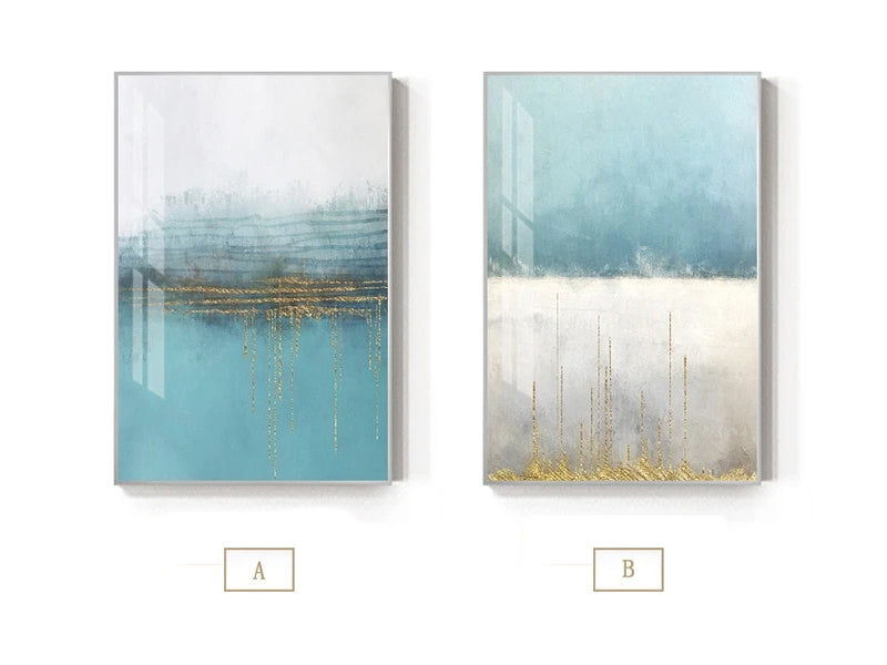 Abstract Golden Horizons Contemporary Nordic Wall Art Fine Art Canvas Prints Modern Minimalist Blue White Pictures For Living Room Office Home Interior Decor