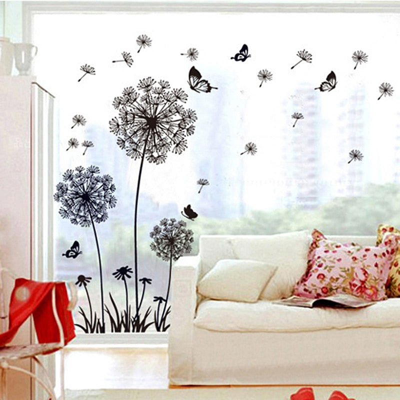 Dandelion Wall Art Mural PVC Sticker For Wall Or Window Black Dandelion Silhouettes Vinyl Decals For Decorating Plain Walls Windows Creative Home Art Interior Decor