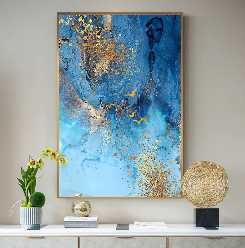 Golden Blue Sea Wall Art Fine Art Canvas Print Modern Abstract Marble Design Picture For Office Interior Living Room Luxury Art Decor