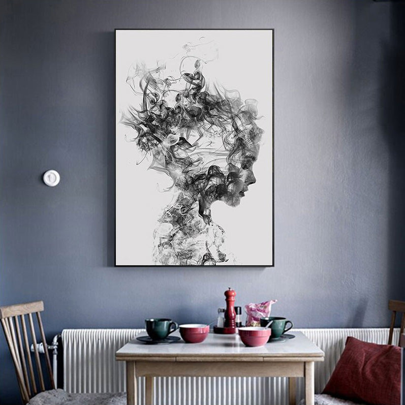 Abstract Girl Portrait Wall Art Minimalist Black White Feathers Fine Art Canvas Prints Modern Pictures For Scandinavian Living Room Bedroom Art Decor