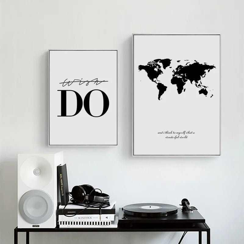 Wish Do Motivational Quote World Travel Map Wall Art Fine Art Canvas Prints Minimalist Inspirational Black White Posters For Modern Living