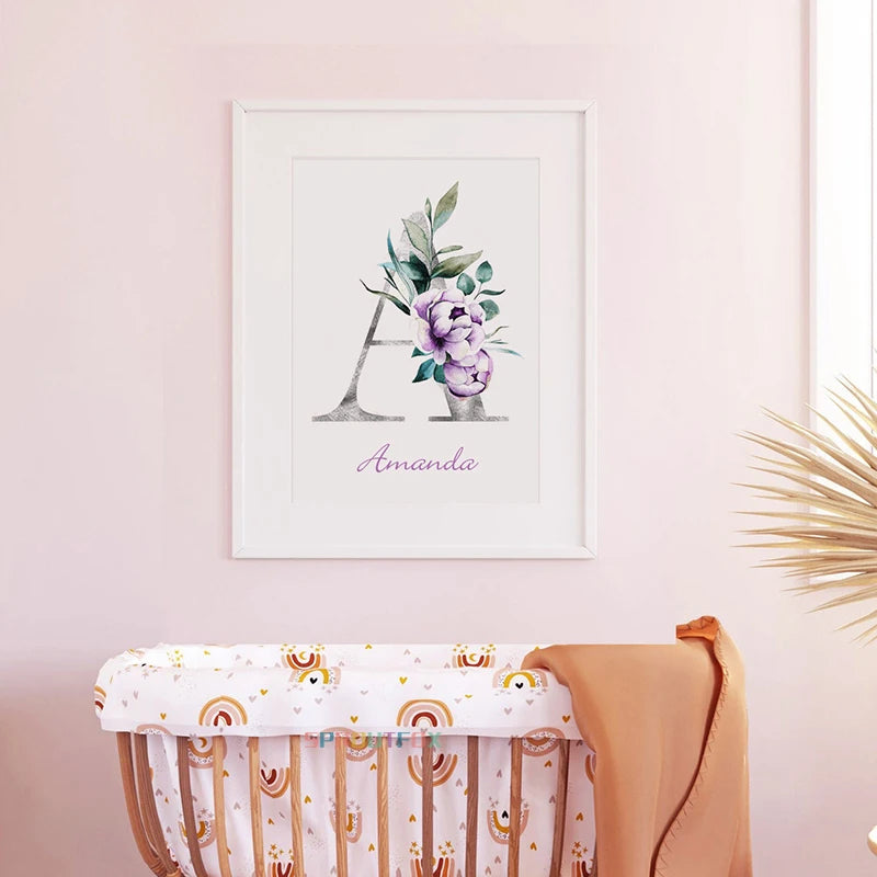 Cute Purple Love Swan Personalized Baby's Name Wall Art For Nursery Room Canvas Print Posters Custom Pictures For Girl's Room Wall Decororation