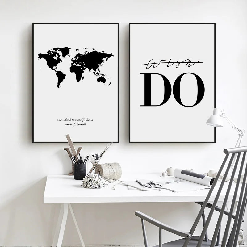 Wish Do Motivational Quote World Travel Map Wall Art Fine Art Canvas Prints Minimalist Inspirational Black White Posters For Modern Living