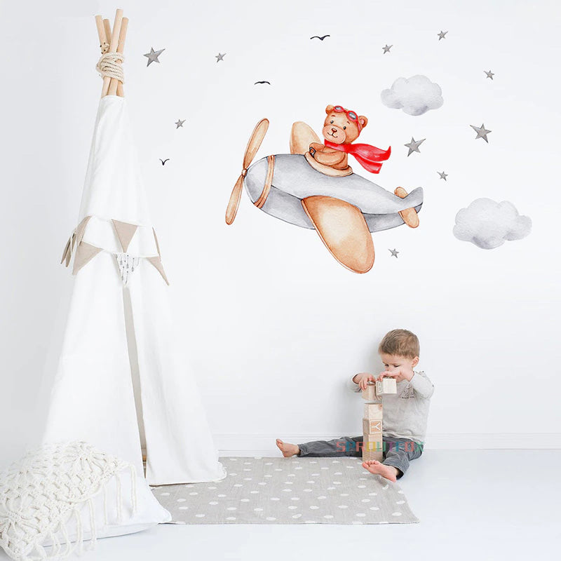 Cute Teddy Bear Moon Cloud And Stars Wall Decals For Kids Room Removable Wall Stickers For Baby Room Nordic Nursery Wall Creative DIY Art Decor