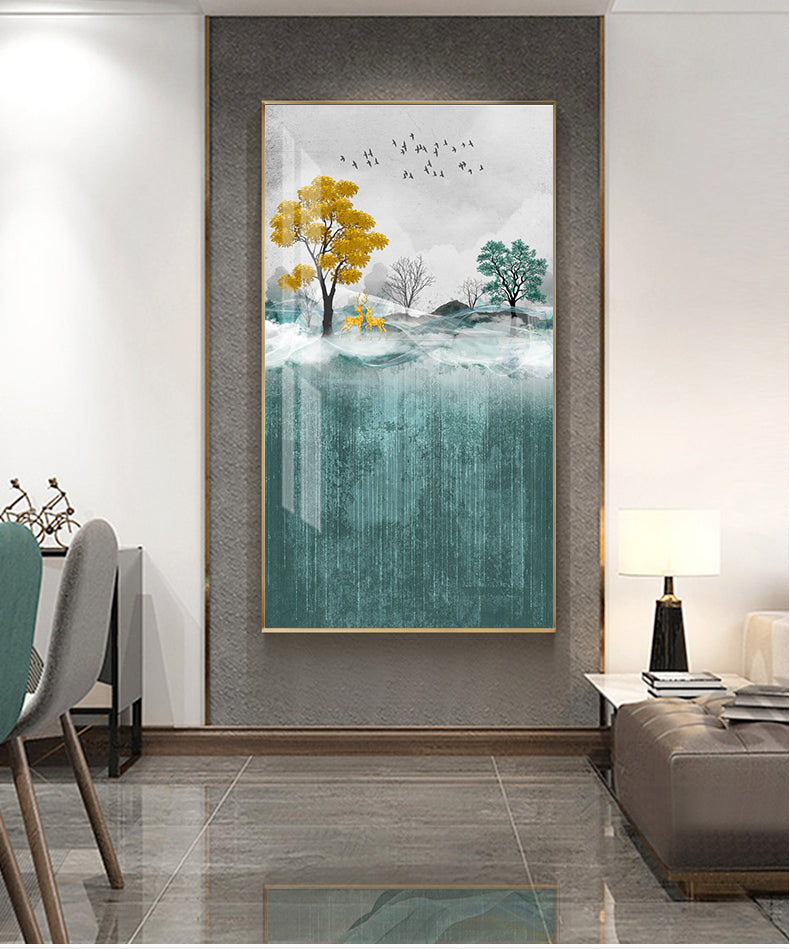 Golden Deer Mountain Landscape Abstract Nordic Wall Art Fine Art Canvas Prints Modern Pictures For Living Room Contemporary Office Home Interior Wall Art Decor
