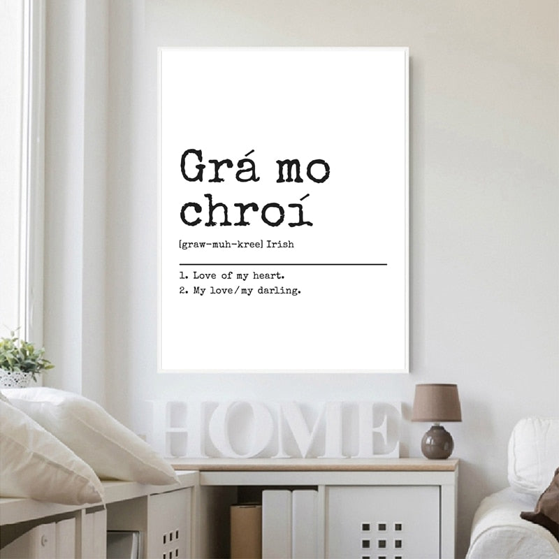Grá Mo Chroí Citation d'amour gaélique irlandais Art mural noir blanc impression sur toile d'art minimaliste affiche de conception typographique pour chambre à coucher salon décoration de maison simple