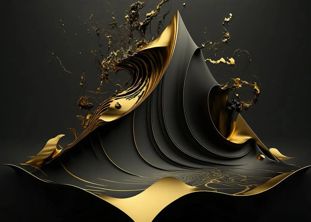 Modern Flowing Geometry Black Golden Abstract Wall Art Fine Art Canvas Prints Pictures For Living Room Dining Room Home Office Decor