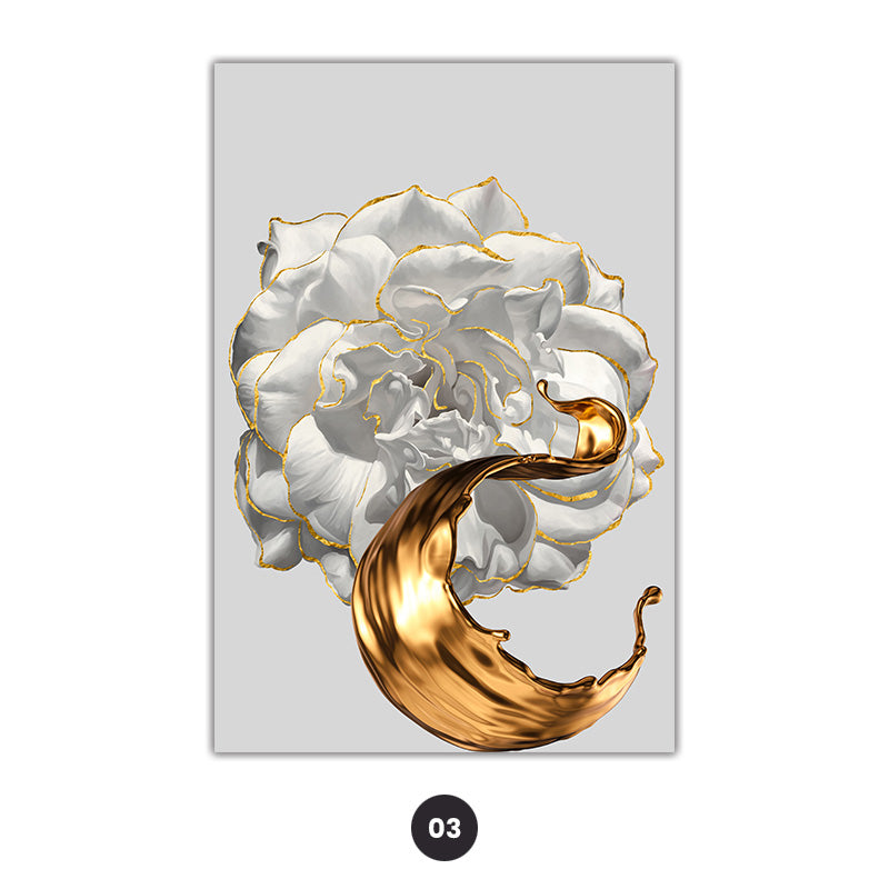White Rose Golden Floral Wall Art Fine Art Canvas Prints Modern Abstract Botanical Pictures For Luxury Living Room Dining Room Bedroom Art Decor