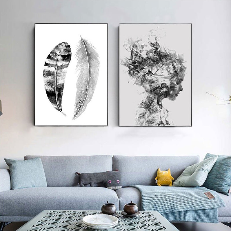 Abstract Girl Portrait Wall Art Minimalist Black White Feathers Fine Art Canvas Prints Modern Pictures For Scandinavian Living Room Bedroom Art Decor