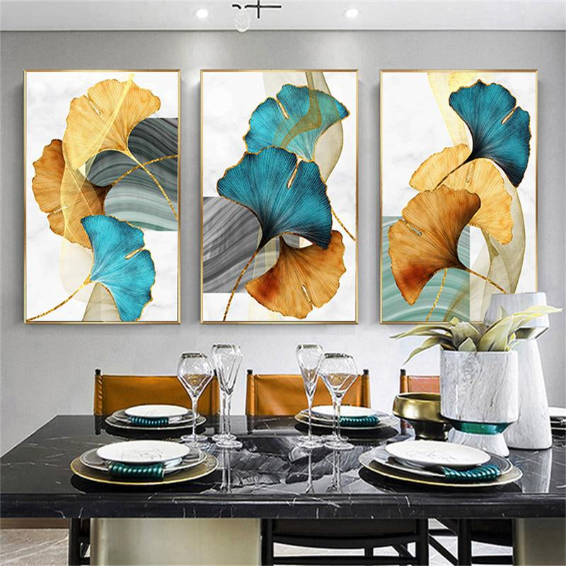 Modern Abstract Floral Wall Art Blue Green Yellow Golden Fine Art Canvas Prints Luxury Pictures For Living Room Bedroom Office Hotel Contemporary Interiors