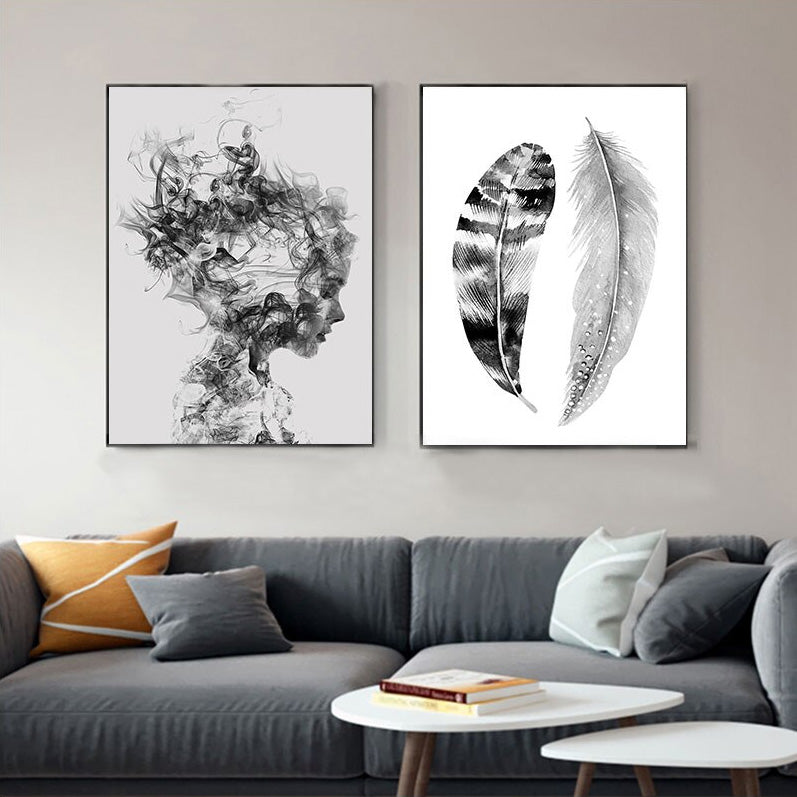 Abstract Girl Portrait Wall Art Minimalist Black White Feathers Fine Art Canvas Prints Modern Pictures For Scandinavian Living Room Bedroom Art Decor