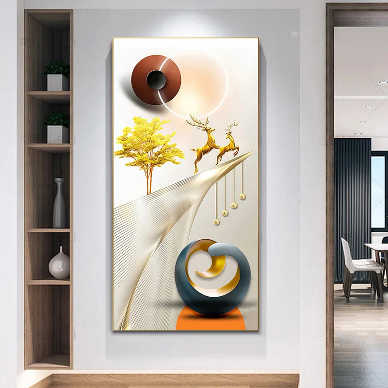 Auspicious Golden Deer Abstract Geometrical Landscape Wall Art Vertical Format Pictures For Entrance Hallway Home Office Decor